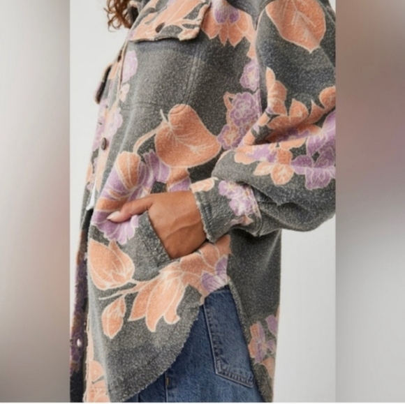 Free People Ruby Floral Grey and Peach Shacket, Size Large - Picture 3 of 9